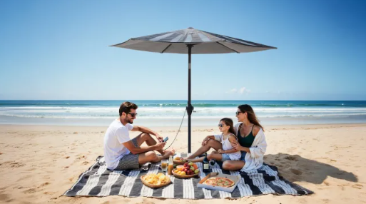 Anker's solar beach umbrella showcased at CES 2025, designed to charge outdoor devices such as coolers and phones.