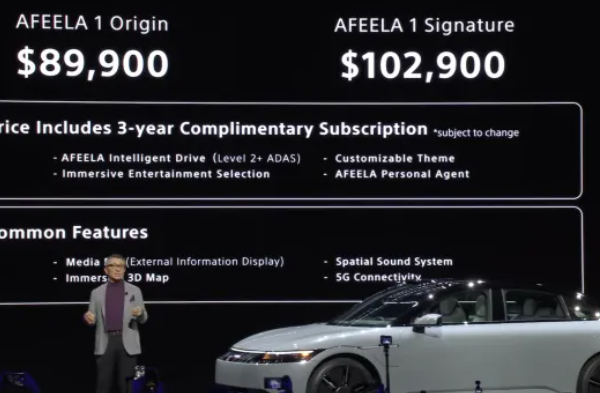 "Afeela EV, Sony Honda Mobility's electric vehicle, shown at CES 2025, highlighting its sleek design and advanced technology features.