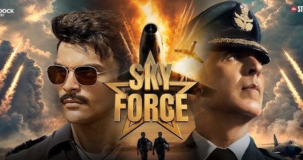 Akshay Kumar and Veer Pahariya in Sky Force movie poster, showcasing the duo in action.