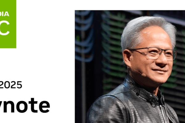 Jensen Huang delivering a keynote at Nvidia GTC 2025, showcasing the latest AI and GPU advancements.