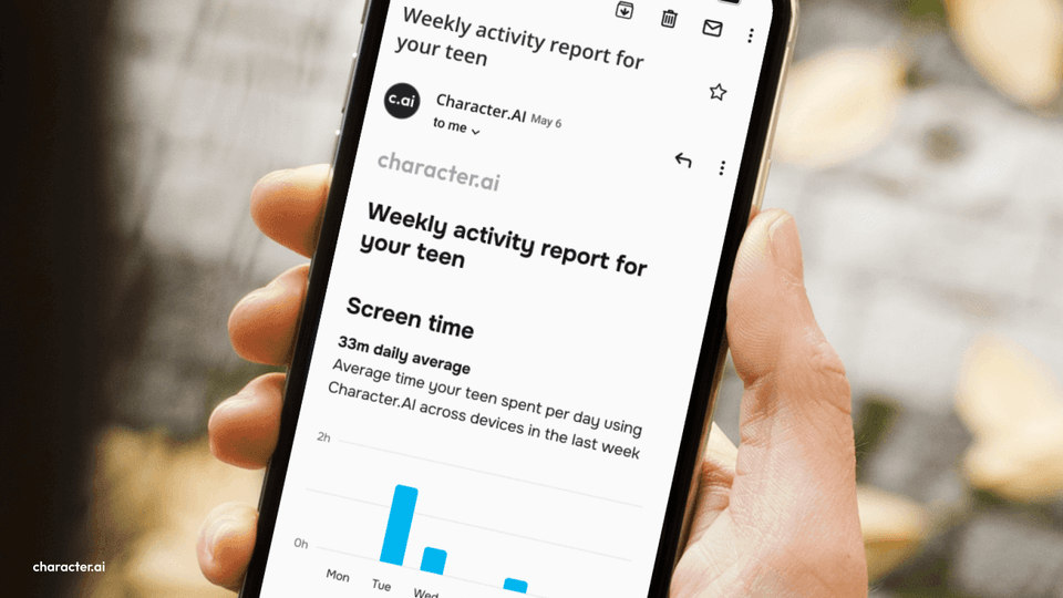 Character.AI Parental Insights feature showing the weekly chatbot usage report for parents to monitor teen activity.