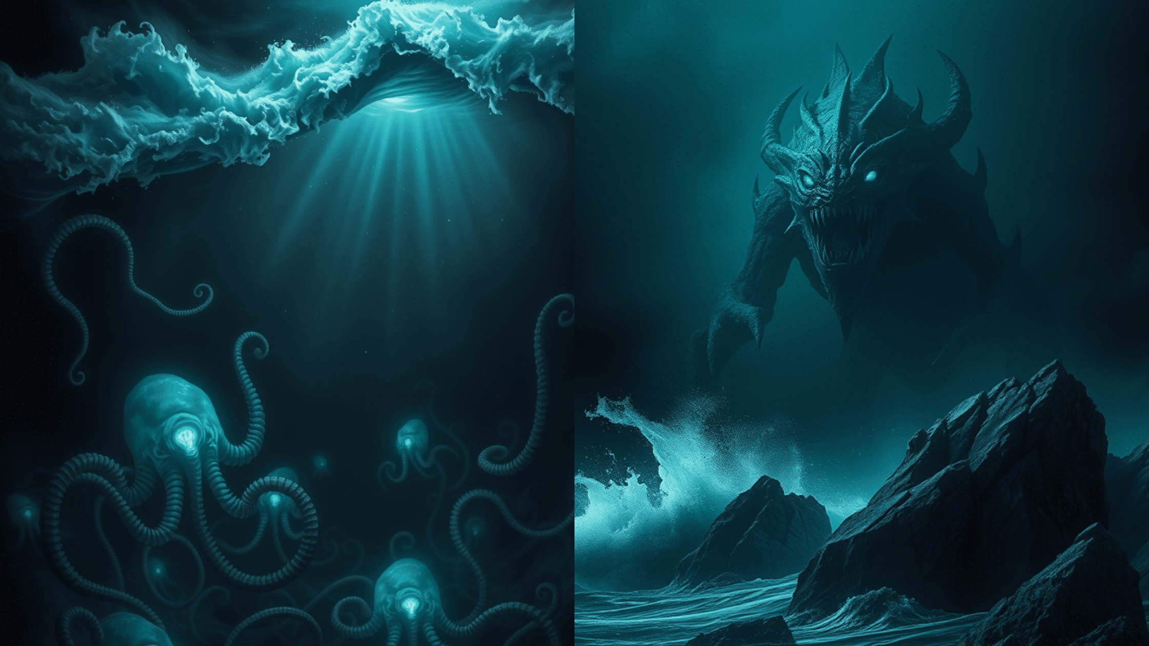 Bioluminescent deep-sea creature in the dark ocean depths, representing the mysterious creatures of the deep sea and their role in oceanic mysteries.
