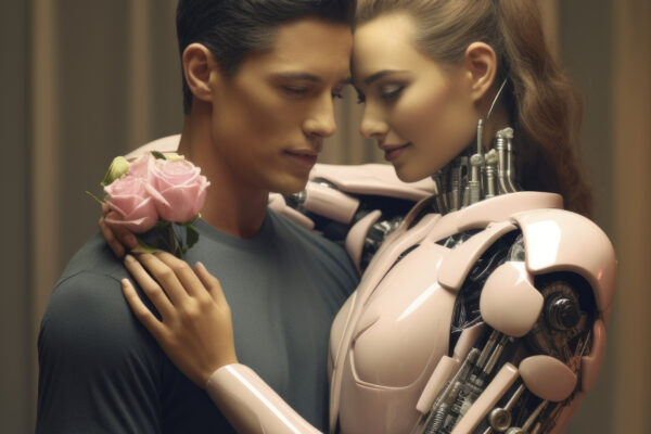 A human man having an emotional conversation with a humanoid AI girlfriend robot at a futuristic table, surrounded by holographic interfaces and digital visuals.