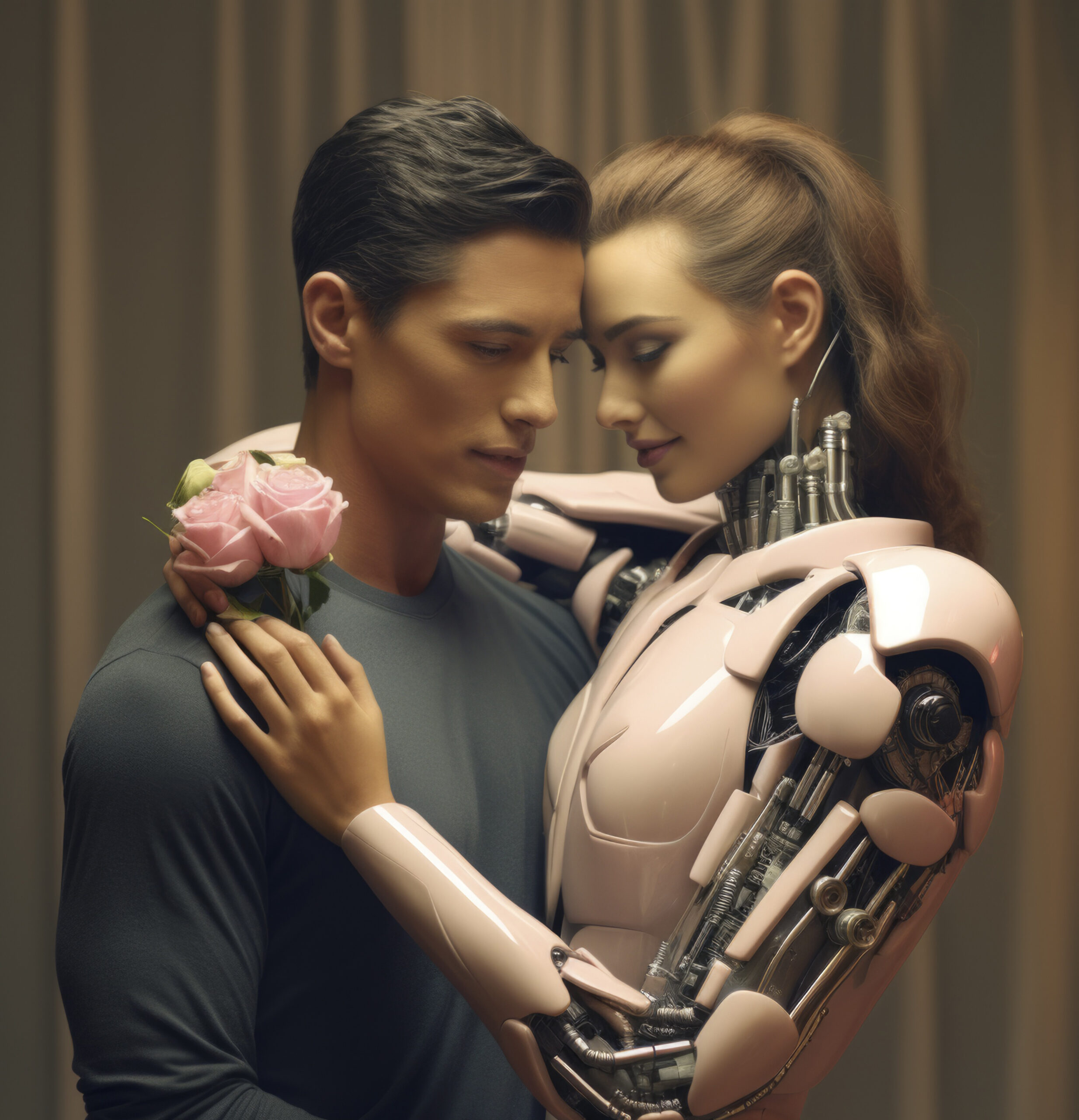 A human man having an emotional conversation with a humanoid AI girlfriend robot at a futuristic table, surrounded by holographic interfaces and digital visuals.